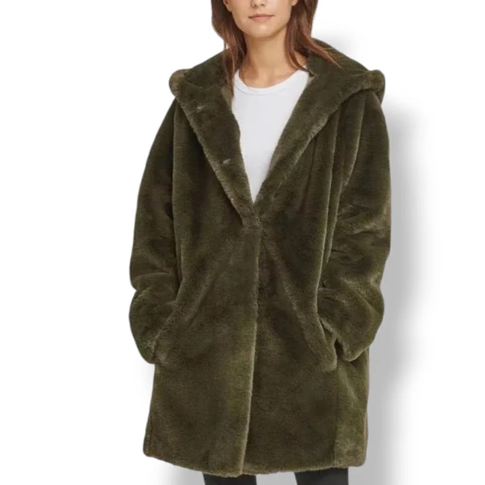 NEW DKNY Hooded Faux Fur Coat in Dark Olive Green Size Medium